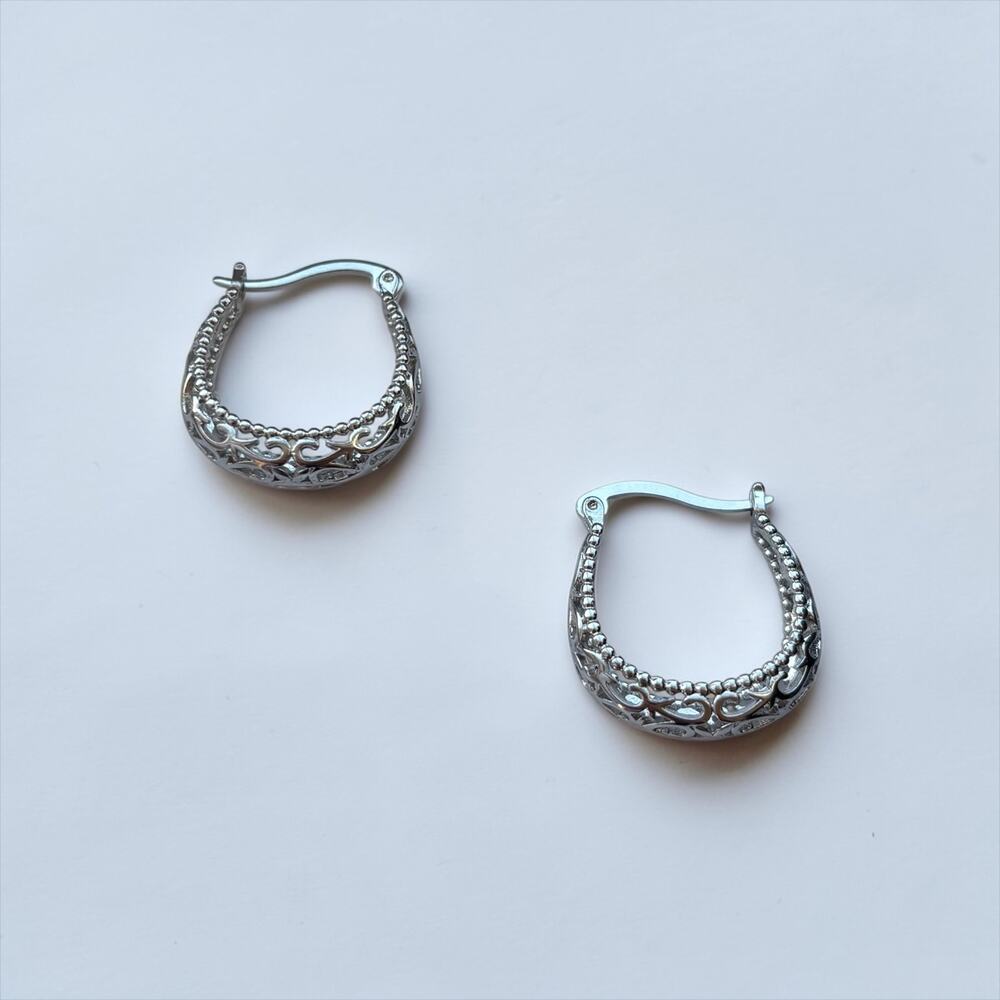 Silver Textured Hollow Hoop Earrings